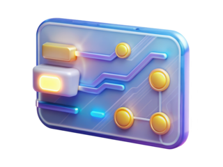 Abstract circuit board design with glowing elements in blue and gold tones network communication and digital connection illustration 3d rendering plastic style icon on transparent background