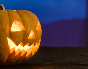 Carved Pumpkin Illuminated with Glowing Eyes and Mouth, a Spooky Halloween Decoration at Night