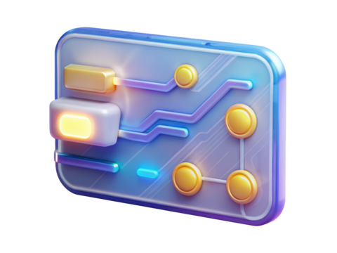 Abstract circuit board design with glowing elements in blue and gold tones network communication and digital connection illustration 3d rendering plastic style icon on transparent background - Powered by Adobe
