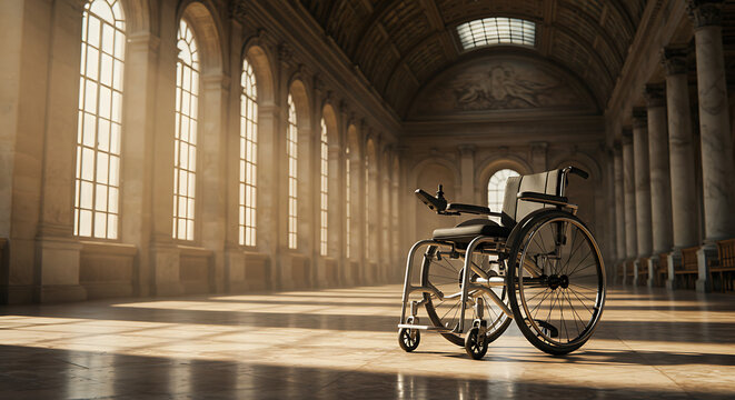 An empty wheelchair stands alone in a grand hall with arched windows and sunlight streaming through, creating a sense of solitude.