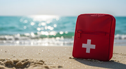 Red First Aid Kit on Sunny Beach Sand, Ocean Background, Summer Safety, Travel Essentials