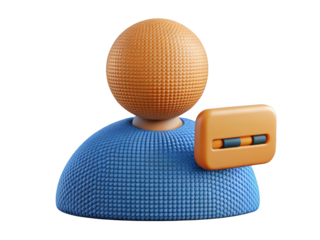 Abstract user with message bubble notification blue and orange hues on backdrop 3d rendering plastic style icon on transparent background