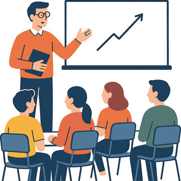 eacher giving lecture in classroom with students, flat 2D clean style on white background