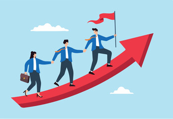 Flat illustration of businessman leader with flag hold hand with employee walking up rising growth arrow graph teamwork cooperate together achieve target leadership build team