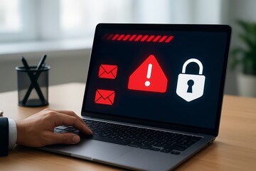 Cybersecurity Alert and Email Threat Concept – Laptop Screen Showing Warning Symbol, Lock Icon, and Red Email Notifications