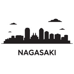 Fototapeta premium Nagasaki skyline silhouette. Vector illustration. Vector black silhouette. with white background