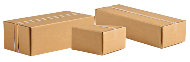 Cardboard boxes of different sizes for shipping and storage with tape isolated on white background
