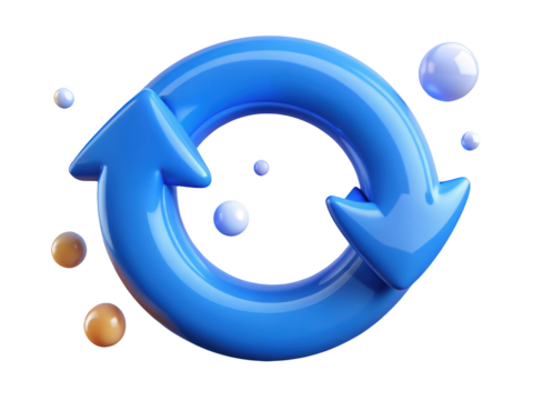 Blue recycle arrow circular icon refresh symbol loop sign update process 3d rendering plastic style icon on transparent background