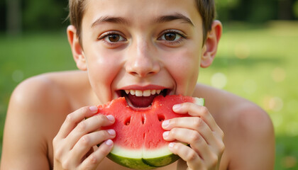 Boy eating watermelon slice while smiling in grassy outdoor setting  