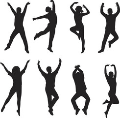 Silhouette people dancing and jumping, vector illustration of happy man and woman poses, energetic movement art, active lifestyle celebration design for creative projects