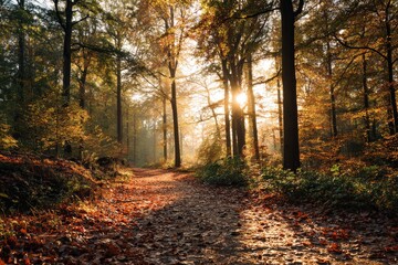 Obraz premium Autumn forest path bathed in sunlight