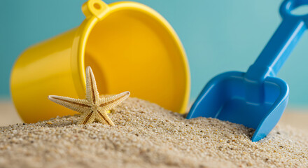 Yellow bucket, blue shovel, starfish in sand: cheerful summer beach scene, vibrant colors, playful mood.