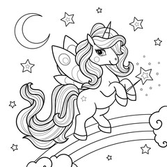 Cartoon unicorn with butterfly wings and magic wand on rainbow. For children's design of coloring books, prints, posters, postcards, gag stickers, puzzles, etc. Vector illustration