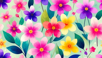 Vibrant floral pattern with a mix of pinks, purples, and yellows on a light mint green background showcasing stylized flowers and leaves.