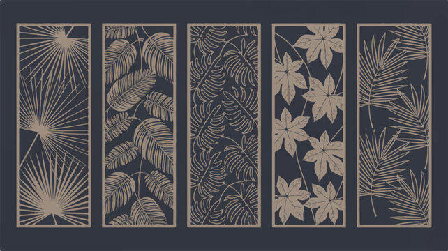 Set of five vertical decorative panels with tropical leaf patterns for laser cutting, featuring modern botanical designs with palm and monstera leaves