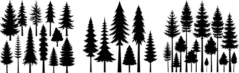 Christmas Tree Silhouettes & Pine Tree Icons – Forest Fir, Nature Trees, Decorated Holiday Tree Pictogram Set