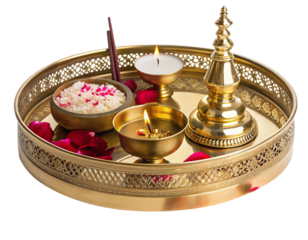 Traditional Indian pooja thali with rose petals, incense sticks, rice, and diya lamp on display