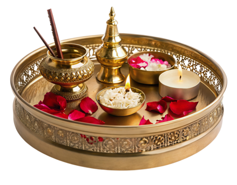 Decorative brass puja thali with incense sticks candle petals and flowers for spiritual rituals
