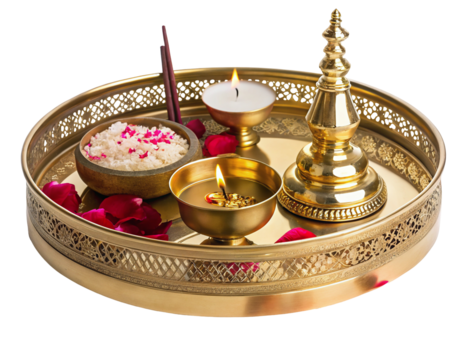 Traditional Indian pooja thali with rose petals, incense sticks, rice, and diya lamp on display