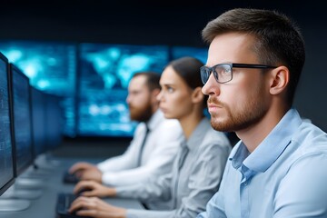 Male professional with glasses focused on computer screen, surrounded by colleagues in a modern office environment, engaged in data analysis and teamwork for project success