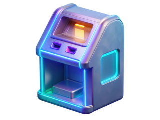 Futuristic atm machine cash withdrawal transaction technology finance glowing neon style icon 3d rendering plastic style icon on transparent background