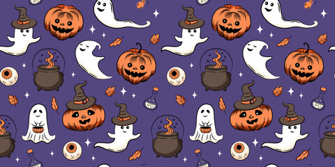 Halloween seamless pattern. Cute funny ghost, pumpkin jack-o-lantern, cauldron, spider, leaves on purple background. Hand drawn cute vector background.