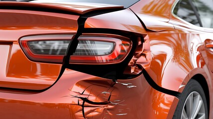 Closeup of a damaged orange car after an accident, showing the broken rear light and dented bumper