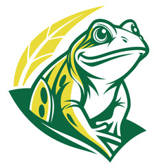 Green and yellow stylized frog on a white background