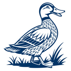 Duck standing in grass with stylized feathers bird