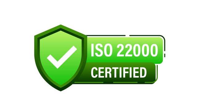 ISO 22000 and CE certification animated icons on white and blue background