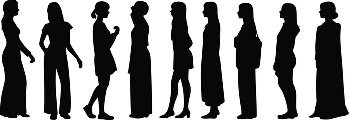 Women standing silhouettes, female figure poses, side view illustration, vector design, group of women in different postures, black silhouette art, people outline drawing