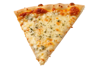 Slice of delicious cheesy pizza with herbs on a thin crust perfect for a tasty savory delight