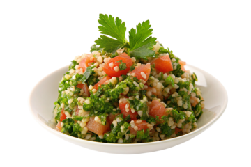 Traditional tabbouleh salad with fresh parsley served in a white bowl on a plain black background
