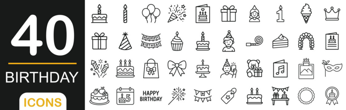 Set of 40 birthday line icons including cake, balloons, gifts, candles, party hats, decorations, and more. Perfect for celebration and party design themes.