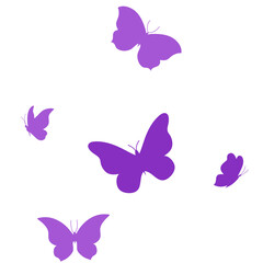 Enchanting purple butterfly silhouettes gracefully flying on a clean white background, an elegant abstract design element perfect for creative projects.