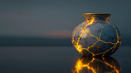 A broken pottery vase repaired with glowing gold seams in the Japanese kintsugi style. A powerful, conceptual image representing resilience, healing, and finding beauty in imperfection against a moody