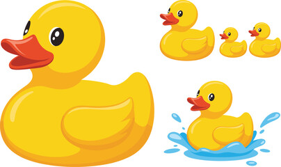 yellow, rubber, duck, cartoon, bath, toy, cute, swimming, water, splash, baby, duckling, animal, floating, fun, kids, play, bathtub, illustration, family, group, plastic, bird, clean