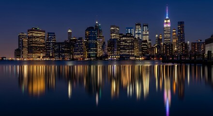 Fototapeta premium New york city skyline reflecting in water at night