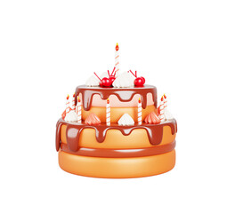 3d birthday two tier cake with chocolate melted flowing icing drips, candles, cream and cherry decoration. Sweet dessert for anniversary or wedding celebration. Realistic render icon