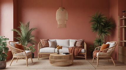 Cozy bohemian living room with rattan furniture plants and terracotta walls creating a warm inviting atmosphere