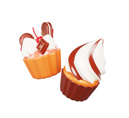 3d cupcake with whipped cream and chocolate swirl. Muffin decorated with cherry, choco pieces and cookies. Birthday cup cake dessert, sweet bakery food, isolated realistic render set