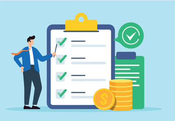 Flat illustration of finance manager check budget business checklist in clipboard with dollar coin
