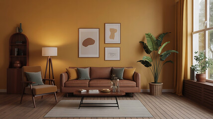 Cozy living room with mustard yellow walls comfortable sofa armchair and large potted plant