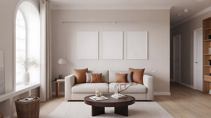 Modern living room with comfortable sofa coffee table and large window with sheer curtains