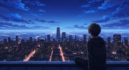 Person gazes at a sprawling city skyline under a dramatic blue night sky