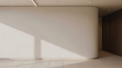 Modern interior architecture with soft natural light casting geometric shadows on a curved wall