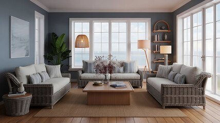 Cozy living room with comfortable sofas and natural light from large windows overlooking the ocean