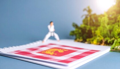 A miniature karate figure stands poised on a calendar featuring a red and white patterned design, with a backdrop of lush greenery and a subtle sunlit effect.
