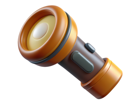 Isolated flashlight torch icon with brown and orange colors 3d rendering plastic style icon on transparent background