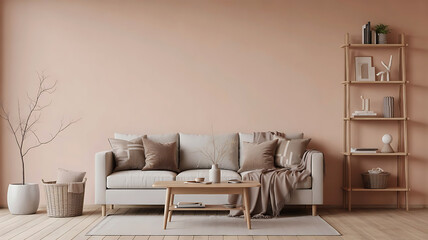 Cozy and inviting living room interior with a neutral toned sofa and decorative shelves